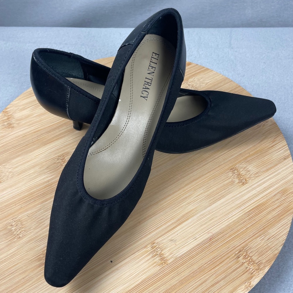 Ellen Tracy Women Black Pointed Toe Kitten Heel Pumps Shoes‎